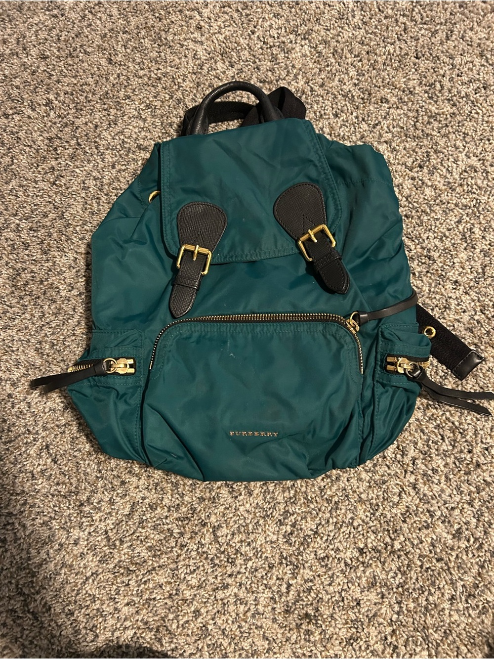 Burberry Green Nylon Backpack with Black Leather Trim and Gold Hardware